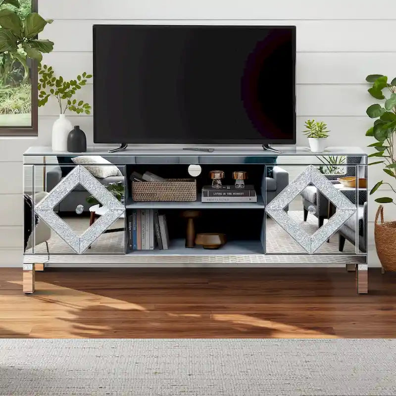 Mueble para TV con acabado de espejo, puertas de gabinete y estantes abiertos
