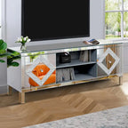 Mueble para TV con acabado de espejo, puertas de gabinete y estantes abiertos