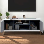 Mueble para TV con acabado de espejo, puertas de gabinete y estantes abiertos