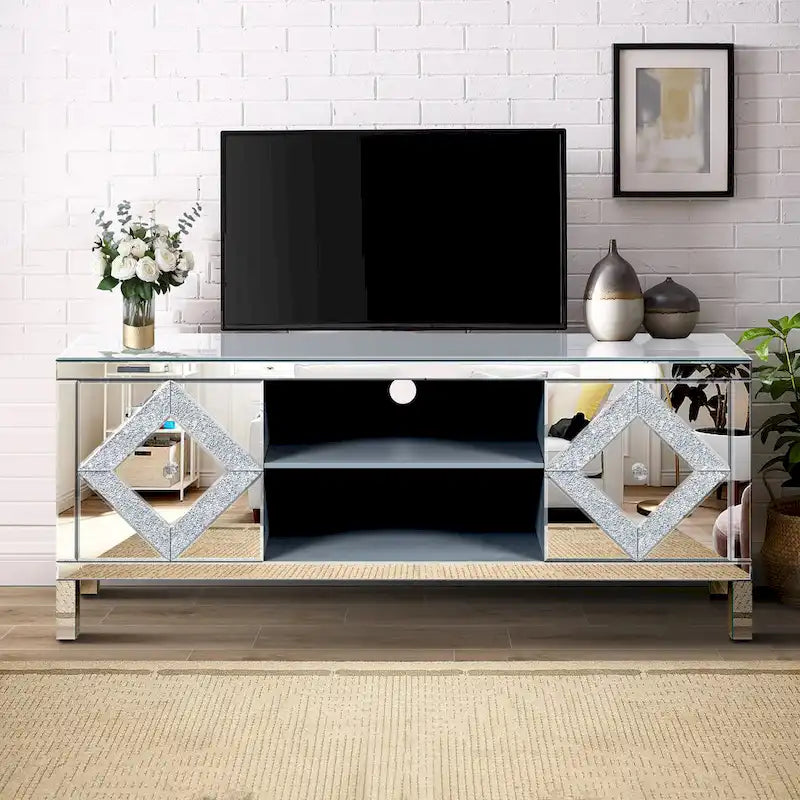 Mueble para TV con acabado de espejo, puertas de gabinete y estantes abiertos
