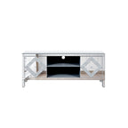 Mueble para TV con acabado de espejo, puertas de gabinete y estantes abiertos