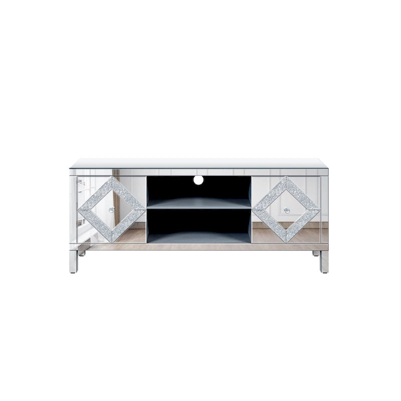 Mueble para TV con acabado de espejo, puertas de gabinete y estantes abiertos