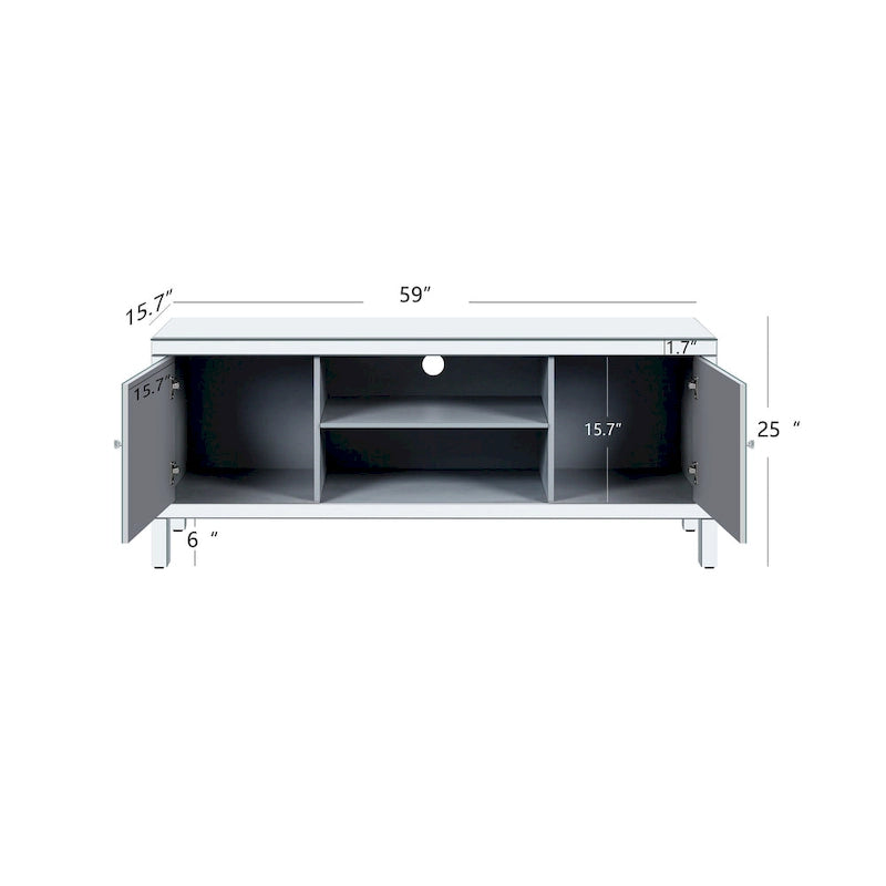 Mueble para TV con acabado de espejo, puertas de gabinete y estantes abiertos