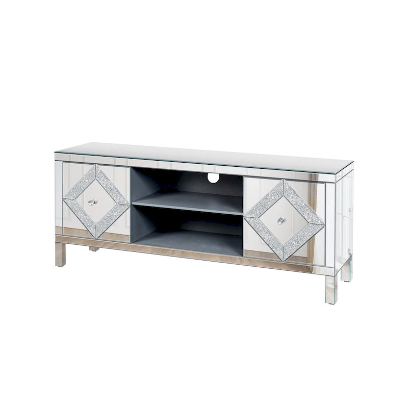Mueble para TV con acabado de espejo, puertas de gabinete y estantes abiertos