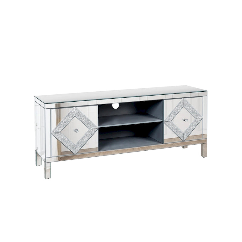 Mueble para TV con acabado de espejo, puertas de gabinete y estantes abiertos
