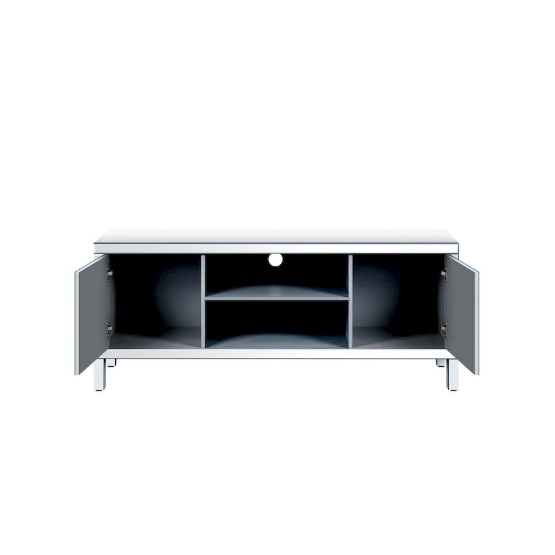 Mueble para TV con acabado de espejo, puertas de gabinete y estantes abiertos