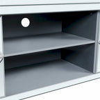 Mueble para TV con acabado de espejo, puertas de gabinete y estantes abiertos