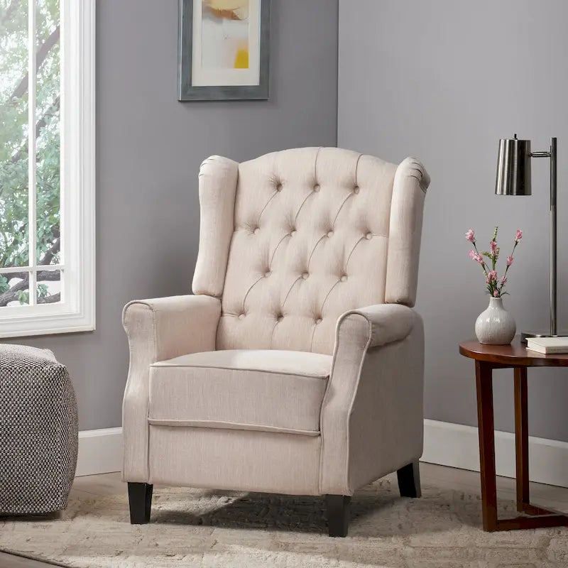 Beige fauteuil met verstelbare rugleuning en oorleuningen