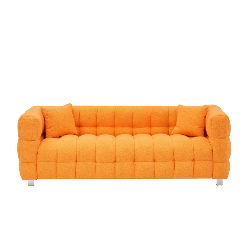 Sofá de 3 plazas de tela teddy naranja con dos cojines