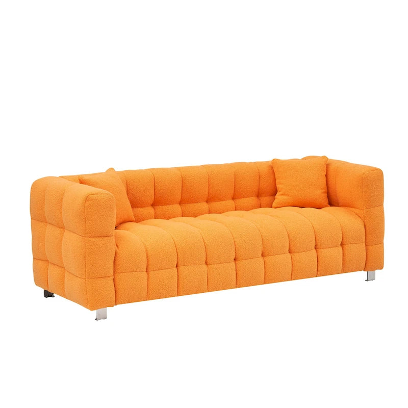 Sofá de 3 plazas de tela teddy naranja con dos cojines