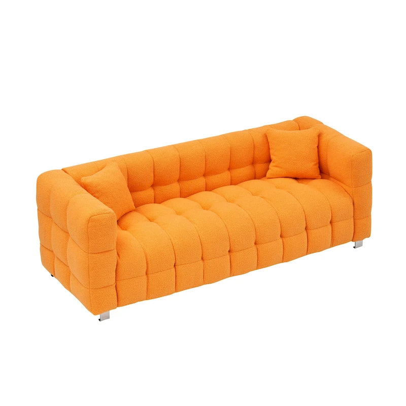 Sofá de 3 plazas de tela teddy naranja con dos cojines