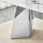 Mesa de comedor de piedra sinterizada blanca con patas color plateado