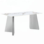 Mesa de comedor de piedra sinterizada blanca con patas color plateado