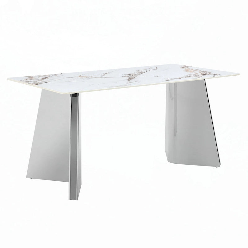 Mesa de comedor de piedra sinterizada blanca con patas color plateado