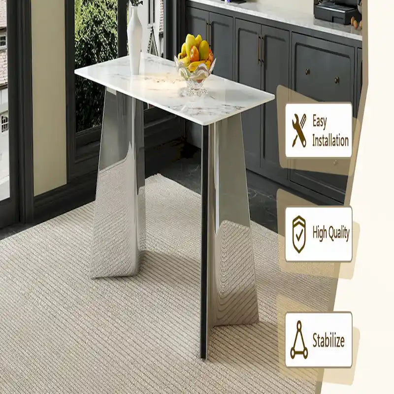 Mesa de comedor de piedra sinterizada blanca con patas color plateado