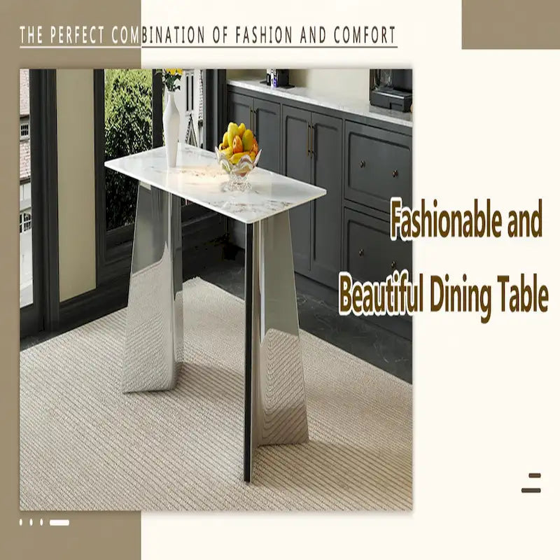 Mesa de comedor de piedra sinterizada blanca con patas color plateado