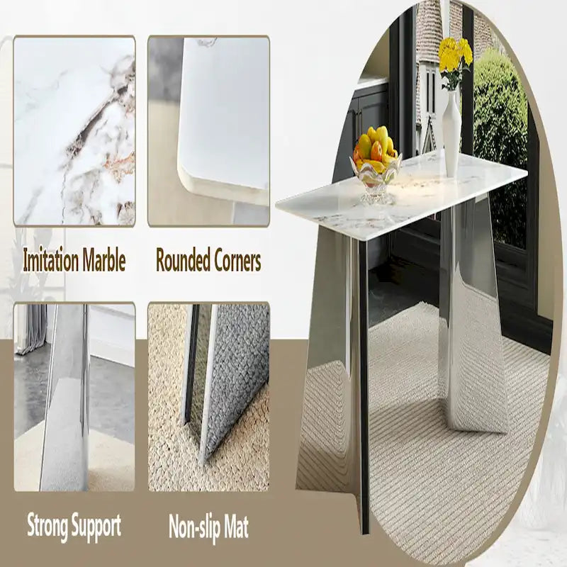 Mesa de comedor de piedra sinterizada blanca con patas color plateado