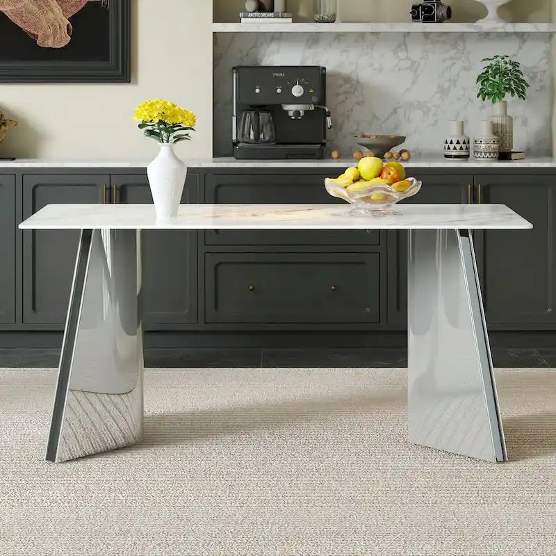 Mesa de comedor de piedra sinterizada blanca con patas color plateado