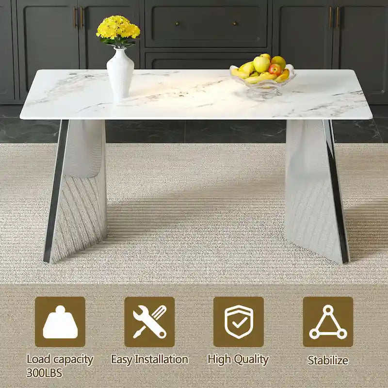 Mesa de comedor de piedra sinterizada blanca con patas color plateado