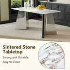 Mesa de comedor de piedra sinterizada blanca con patas color plateado