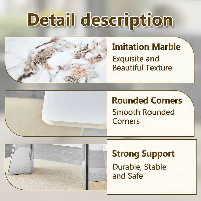 Mesa de comedor de piedra sinterizada blanca con patas color plateado