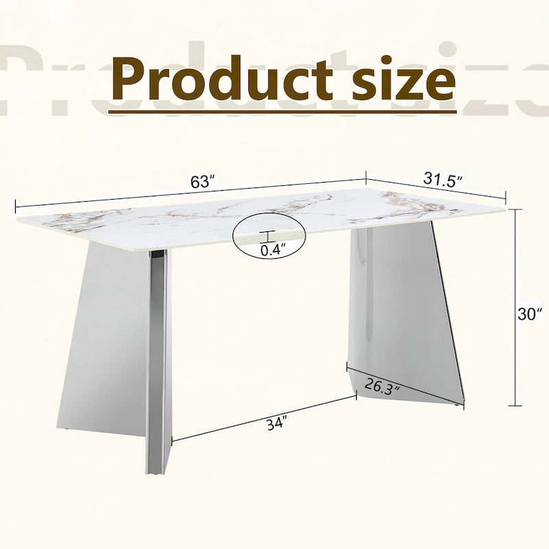 Mesa de comedor de piedra sinterizada blanca con patas color plateado