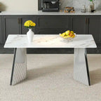 Mesa de comedor de piedra sinterizada blanca con patas color plateado