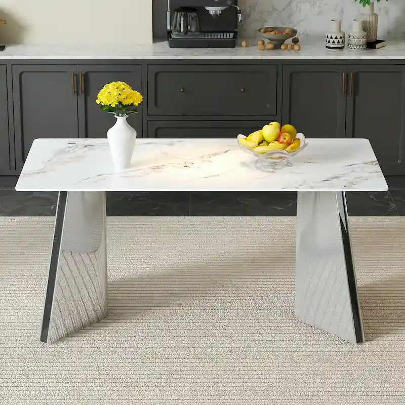 Mesa de comedor de piedra sinterizada blanca con patas color plateado