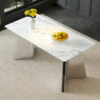 Mesa de comedor de piedra sinterizada blanca con patas color plateado