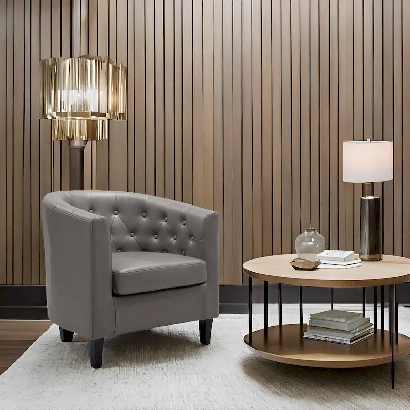 Button-Tufted Faux Leather Barrel Accent Chair