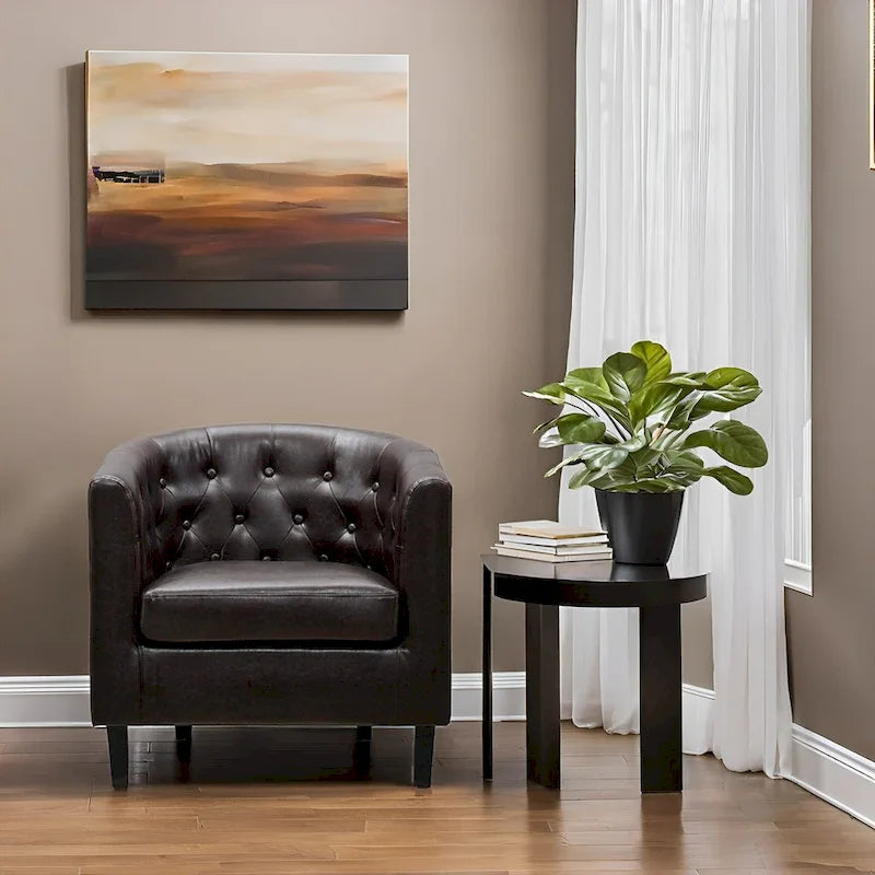 Button-Tufted Faux Leather Barrel Accent Chair