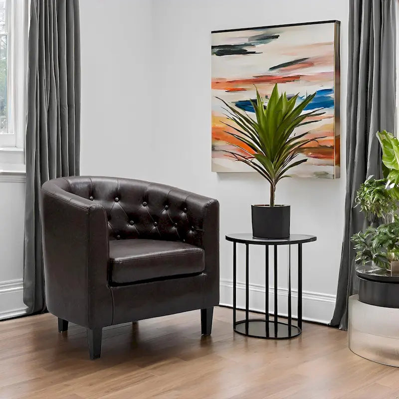 Button-Tufted Faux Leather Barrel Accent Chair