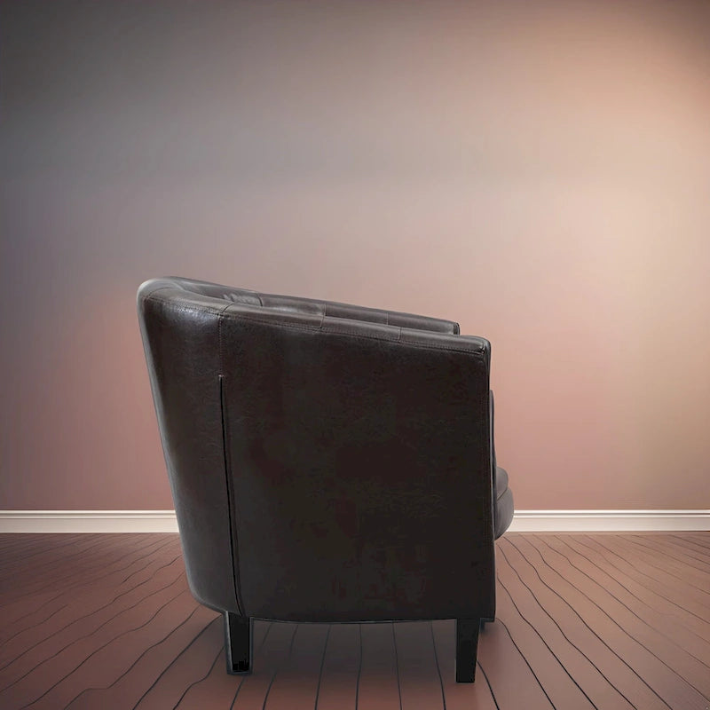 Sillón decorativo tipo barril de piel sintética con capitonado de botones