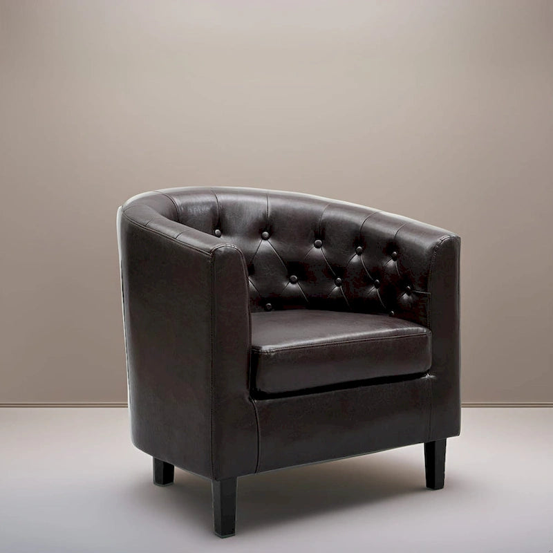 Sillón decorativo tipo barril de piel sintética con capitonado de botones