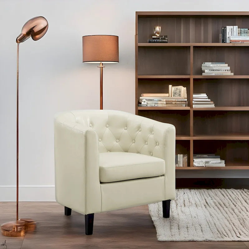Sillón decorativo tipo barril de piel sintética con capitonado de botones