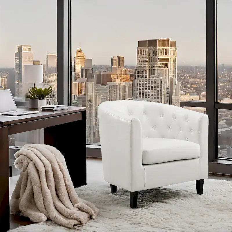 Sillón decorativo tipo barril de piel sintética con capitonado de botones