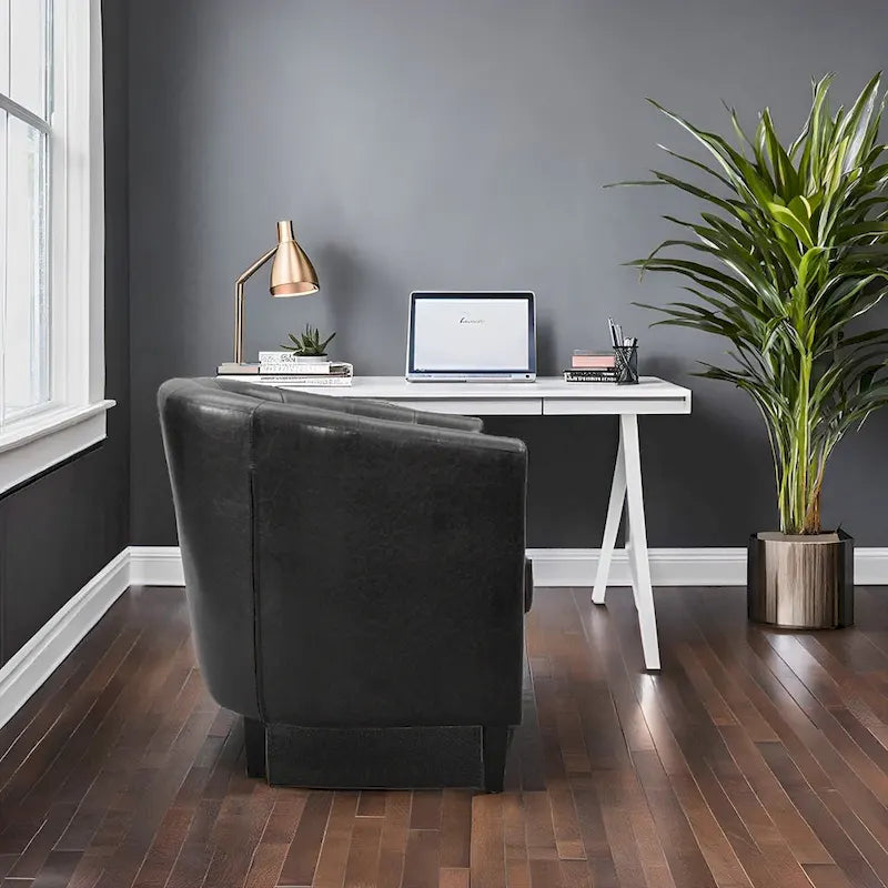 Sillón decorativo tipo barril de piel sintética con capitonado de botones