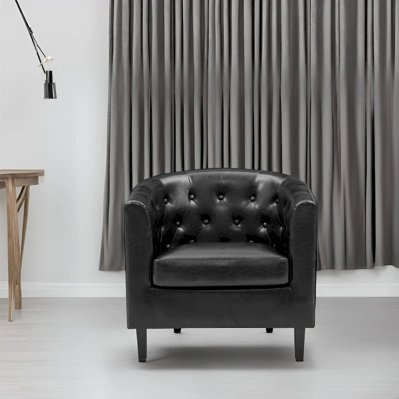 Sillón decorativo tipo barril de piel sintética con capitonado de botones