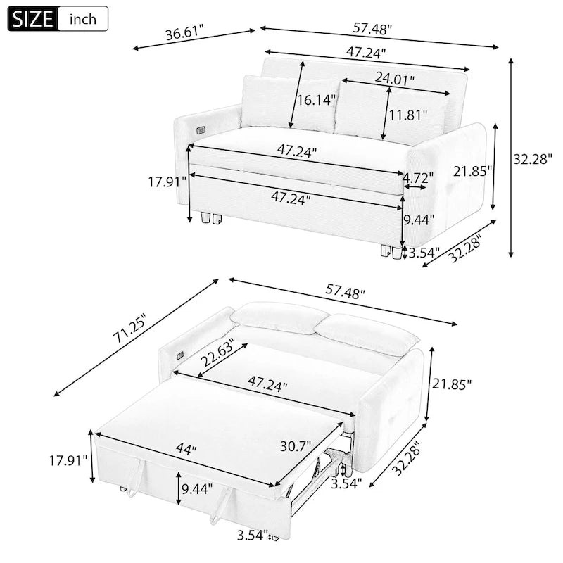 Sofá cama beige de 2 plazas extraíble con puertos USB