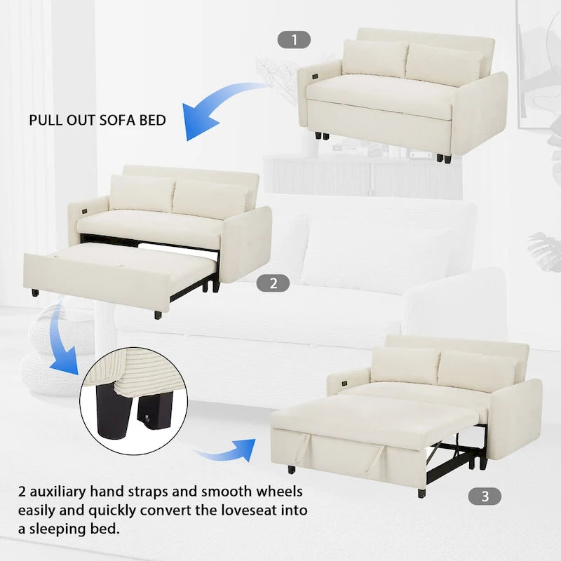 Sofá cama beige de 2 plazas extraíble con puertos USB