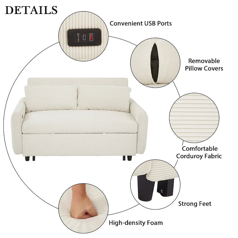 Sofá cama beige de 2 plazas extraíble con puertos USB