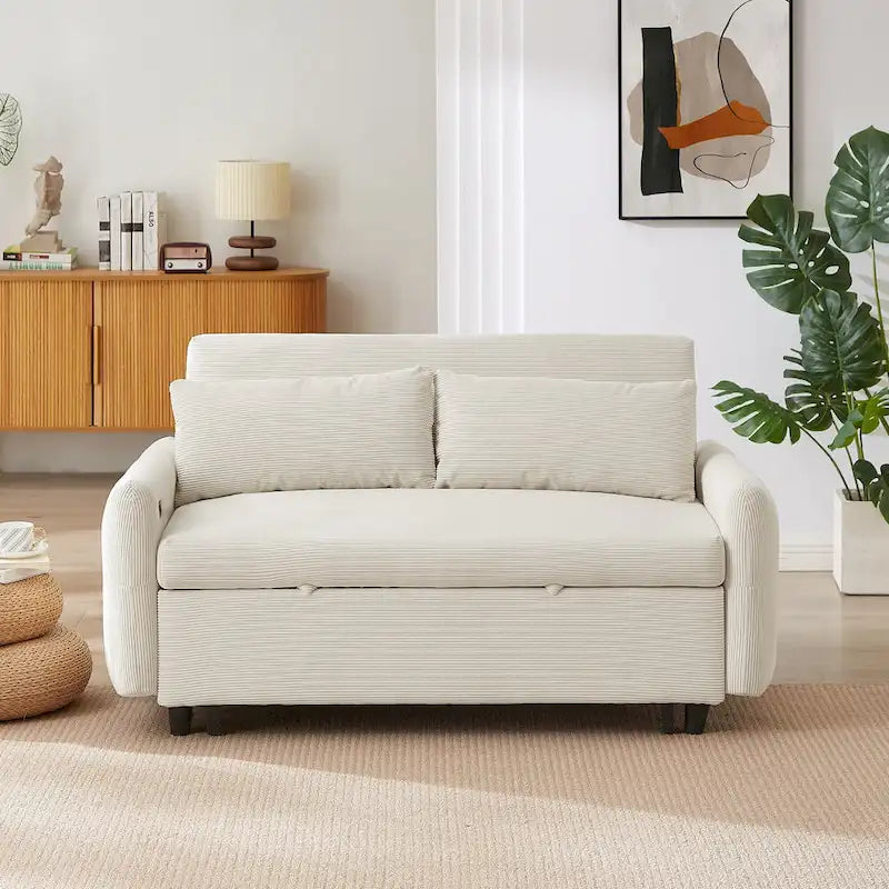 Beiges ausziehbares Schlafsofa für 2 Personen mit USB-Anschlüssen