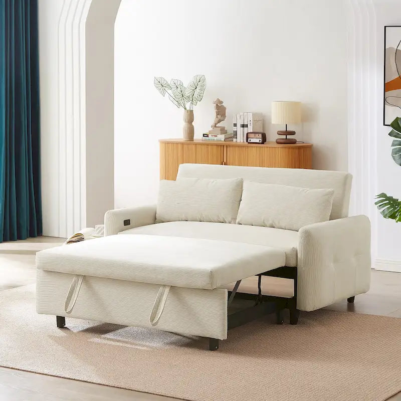 Beiges ausziehbares Schlafsofa für 2 Personen mit USB-Anschlüssen