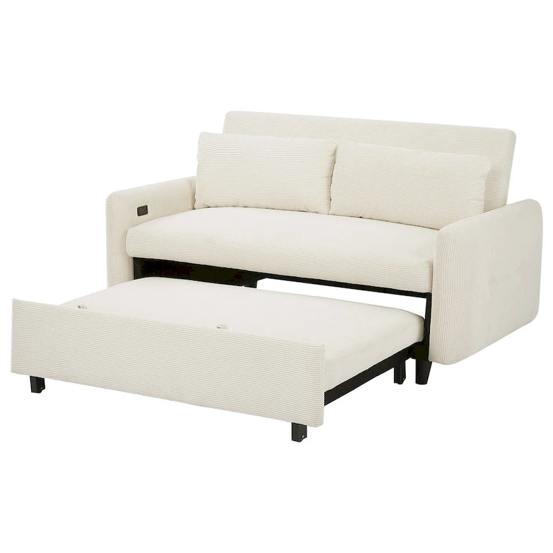 Beiges ausziehbares Schlafsofa für 2 Personen mit USB-Anschlüssen
