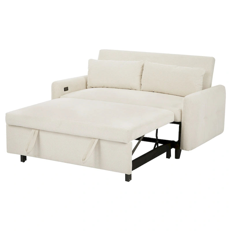 Beiges ausziehbares Schlafsofa für 2 Personen mit USB-Anschlüssen