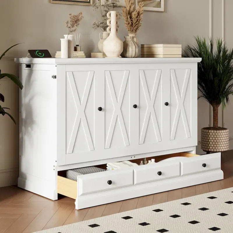 Convertible Cabinet Bed with Storage Drawer and Charging Station