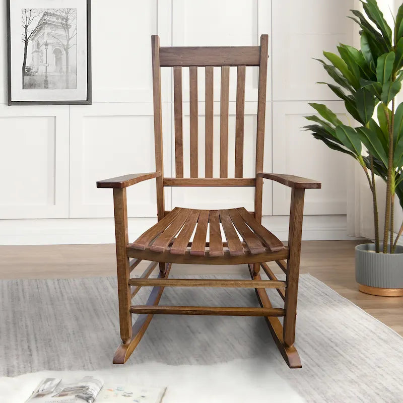 Brown Wooden High-Back Rocking Chair