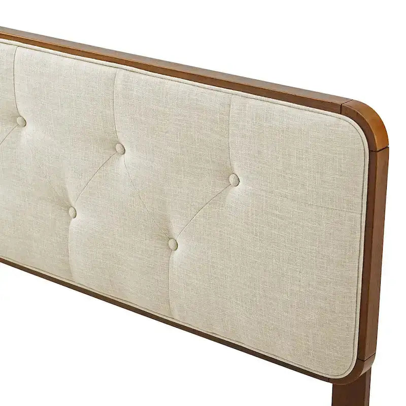 Testiera king size beige con capitonné a bottoni e finitura color noce