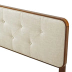 Testiera king size beige con capitonné a bottoni e finitura color noce