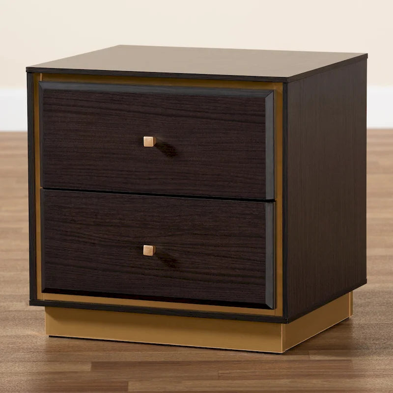 Table de chevet à 2 tiroirs avec accents dorés